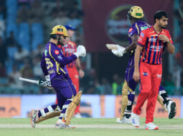 Rinku Singh celebrating with teammate after defeating LSG in Super Over in Lucknow on Sunday.