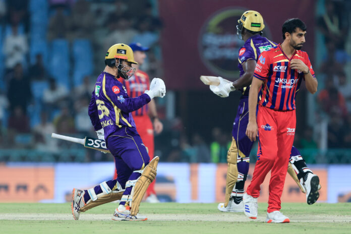 Rinku Singh celebrating with teammate after defeating LSG in Super Over in Lucknow on Sunday.