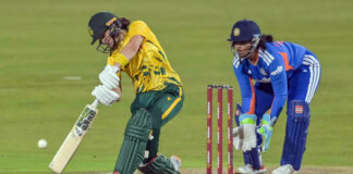 South African player Laura Wolvaardt playing a shot during WT20I.