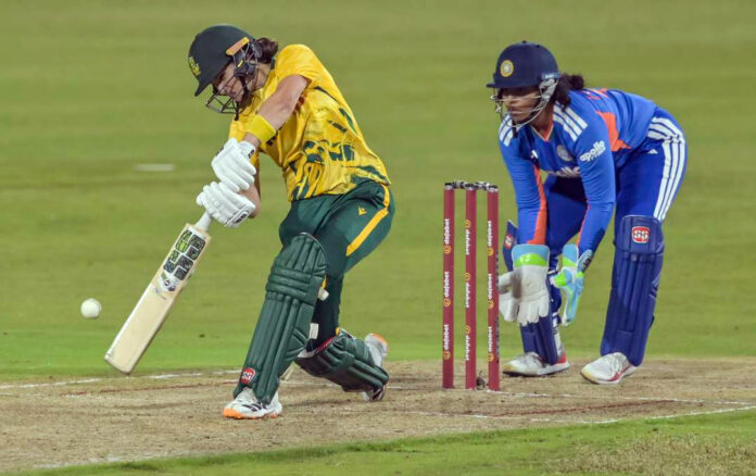 South African player Laura Wolvaardt playing a shot during WT20I.