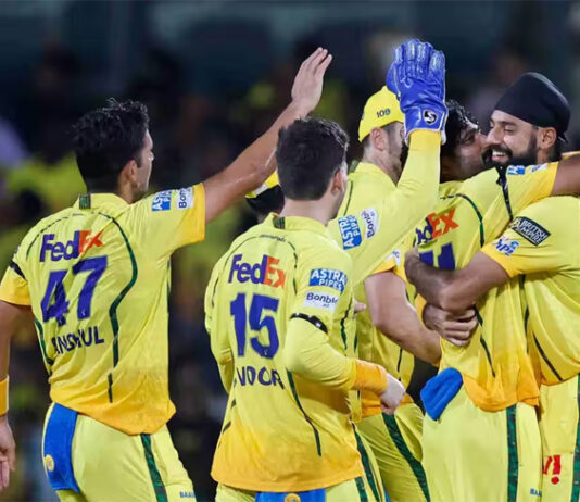 CSK players celebrating after defeating KKR in IPL match at Chennai.