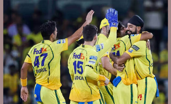 CSK players celebrating after defeating KKR in IPL match at Chennai.