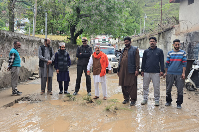 Villagers planting grass on muddy road in Mendhar to stage protest on Saturday. -Excelsior/Rahi Kapoor