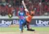 Abhishek Sharma hitting a shot during his unbeaten inning of 135 runs against Delhi Capitals in Hyderabad.