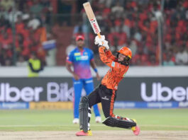 Abhishek Sharma hitting a shot during his unbeaten inning of 135 runs against Delhi Capitals in Hyderabad.