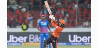 Abhishek Sharma hitting a shot during his unbeaten inning of 135 runs against Delhi Capitals in Hyderabad.