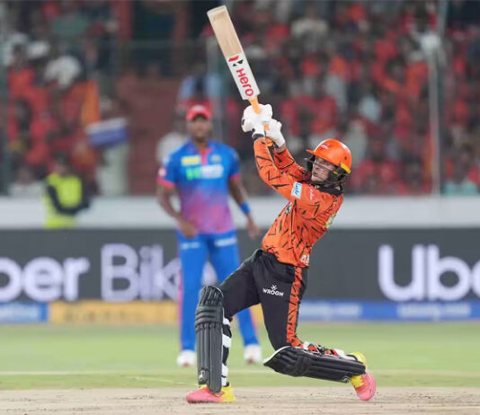 Abhishek Sharma hitting a shot during his unbeaten inning of 135 runs against Delhi Capitals in Hyderabad.