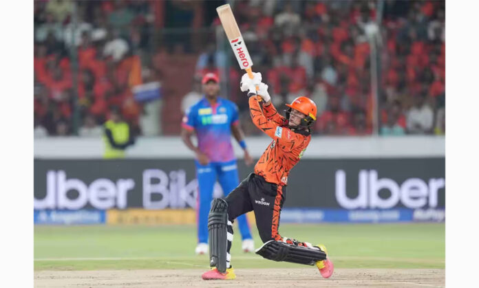 Abhishek Sharma hitting a shot during his unbeaten inning of 135 runs against Delhi Capitals in Hyderabad.