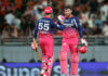 Donovan Ferreira and Shubham Dubey celebrating after defeating PBKS in Mullanpur on Tuesday.