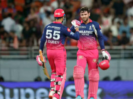 Donovan Ferreira and Shubham Dubey celebrating after defeating PBKS in Mullanpur on Tuesday.
