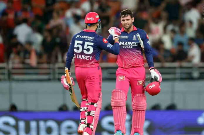 Donovan Ferreira and Shubham Dubey celebrating after defeating PBKS in Mullanpur on Tuesday.
