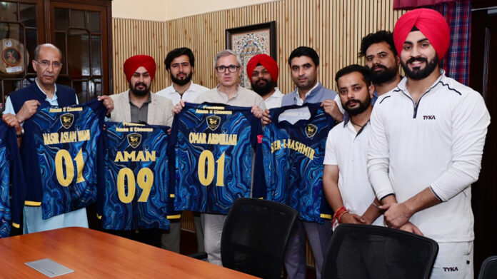 Chief Minister Omar Abdullah unveiling jersey of Sher-e-Kashmir Cricket Club on Friday.