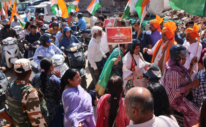 BJP Mahila Morcha activists during a rally in Jammu on Sunday. -Excelsior/Rakesh BJP Mahila Morcha activists during a rally in Jammu on Sunday. -Excelsior/Rakesh