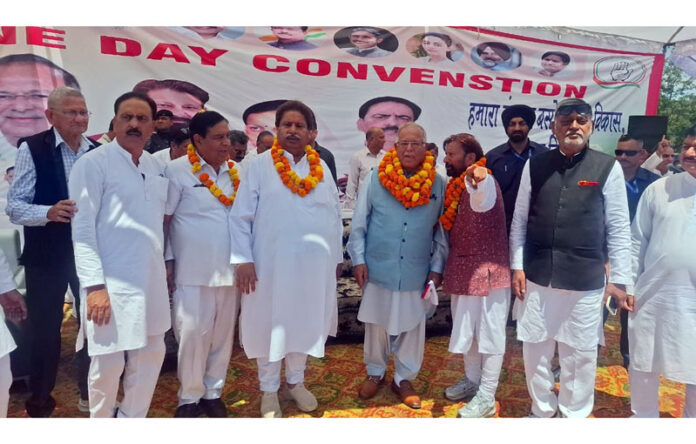 JKPCC Chief T H Karra, senior leaders Raman Bhalla Ch. Lal Singh and others during rally at Basohli on Sunday.