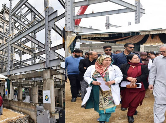 CM Omar Abdullah inspecting work on LD Hospital Extension Block on Saturday.