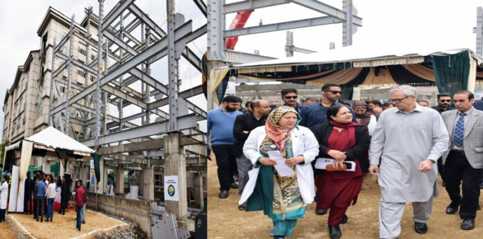 CM Omar Abdullah inspecting work on LD Hospital Extension Block on Saturday.
