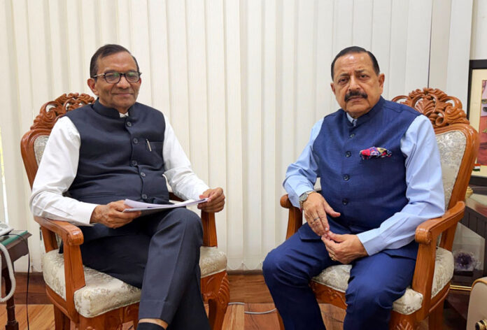 Union Minister, Dr Jitendra Singh being briefed by Chairman of `”Indian National Space Promotion and Authorisation Centre” (IN SPACe), Dr Pawan Goenka at New Delhi on Sunday