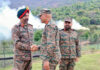 Northern Army Commander, Lt Gen Pratik Sharma, interacting with troops at Rampur Sector in Jammu on Sunday.