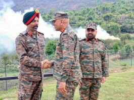 Northern Army Commander, Lt Gen Pratik Sharma, interacting with troops at Rampur Sector in Jammu on Sunday.