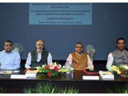 Dignitaries on the dais during an orientation programme on new criminal laws at Police Auditorium, Gulshan Ground, Jammu.