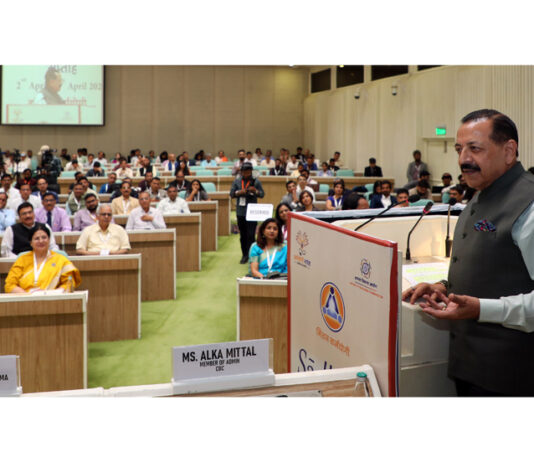 Union Minister Dr Jitendra Singh delivering keynote address at the "SADHANA Saptah" organised by "Capacity Building Commision" at Vigyan Bhawan, New Delhi on Sunday.