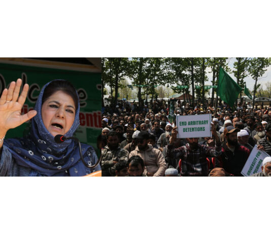 PDP president Mehbooba Mufti addressing workers convention in Pulwama. -Excelsior/Younis Khaliq