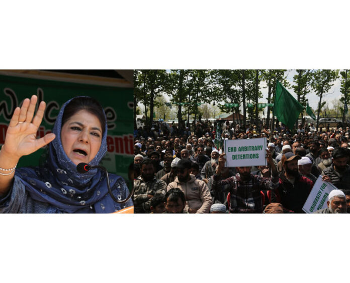 PDP president Mehbooba Mufti addressing workers convention in Pulwama. -Excelsior/Younis Khaliq