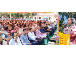 Minister Sakeena Itoo addressing a gathering at Jammu on Monday.