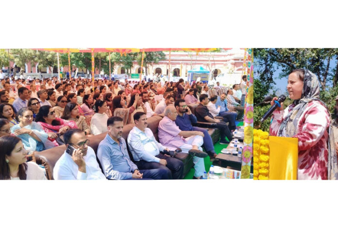 Minister Sakeena Itoo addressing a gathering at Jammu on Monday.