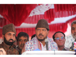 Ramdas Athawale, while talking to media, slams in Kulgam on Monday. -Excelsior/Sajad Dar