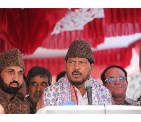 Ramdas Athawale, while talking to media, slams in Kulgam on Monday. -Excelsior/Sajad Dar