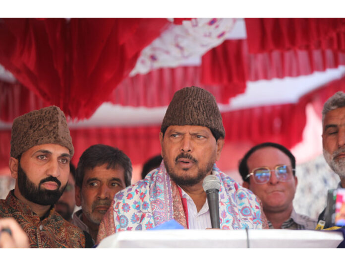Ramdas Athawale, while talking to media, slams in Kulgam on Monday. -Excelsior/Sajad Dar
