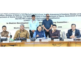 Union Minister Dr Jitendra Singh, flanked by MLAs Arjun Singh Raju and Sajad Shaheen, chairing the DISHA meeting of district Ramban on Monday.