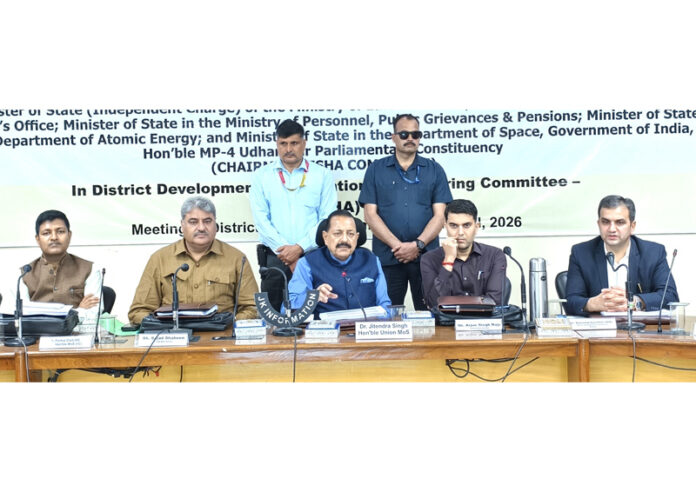 Union Minister Dr Jitendra Singh, flanked by MLAs Arjun Singh Raju and Sajad Shaheen, chairing the DISHA meeting of district Ramban on Monday.
