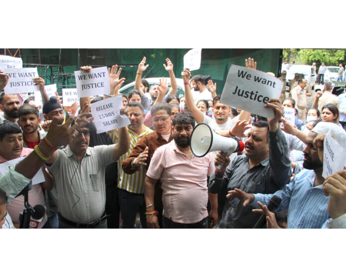 Health and medical colleges' employees during a protest near Press Club, Jammu on Saturday. -Excelsior/Rakesh Health and medical colleges' employees during a protest near Press Club, Jammu on Saturday. -Excelsior/Rakesh