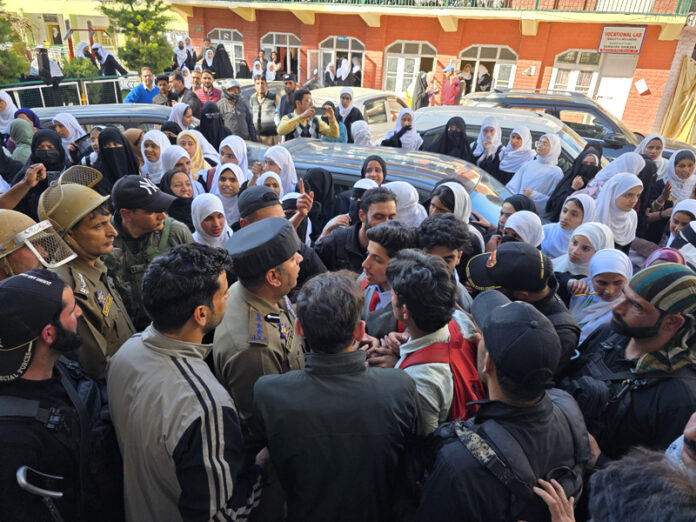 Students during a protest in Sopore against the harassment of a female student by a teacher at a local school. -Excelsior/Aabid Nabi