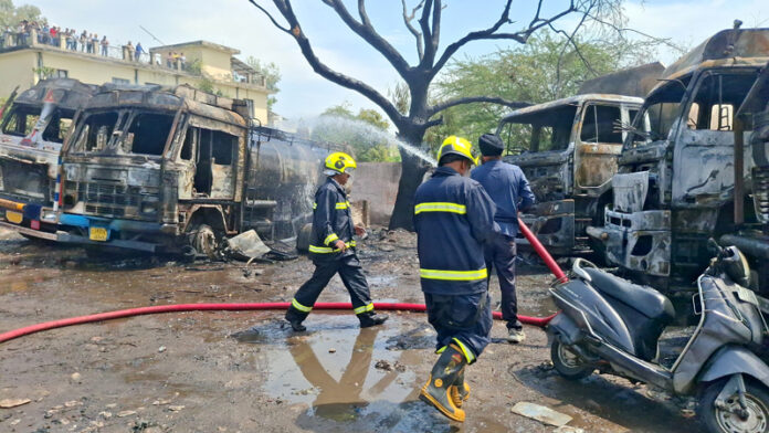 Firefighters trying to contain a blaze at Narwal area of Jammu district on Wednesday. -Excelsior/Rakesh Firefighters trying to contain a blaze at Narwal area of Jammu district on Wednesday. -Excelsior/Rakesh