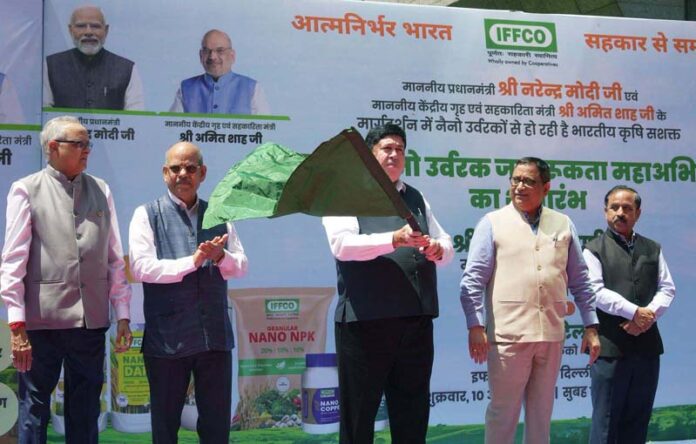 Dileep Sanghani, Chairman, IFFCO, launching the Nano Fertilizer Awareness Mega Campaign on Friday.