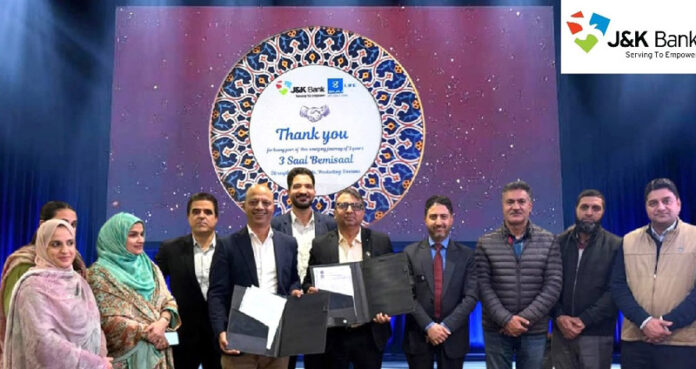 Dignitaries from J&K Bank and Bajaj Life Insurance during the renewal of a corporate agency agreement in Srinagar on Wednesday.