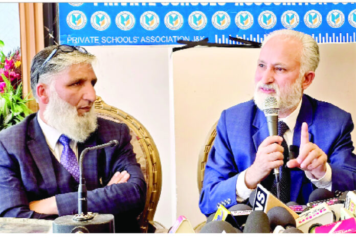 Members of Private Schools Association during a press conference in Srinagar on Tuesday. — Excelsior/Shakeel