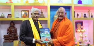 Union Minister Gajendra Singh Shakhawat during his visit to International Mediation Centre in Leh.