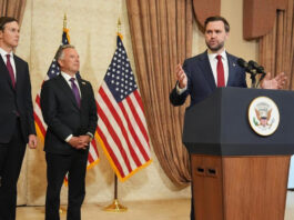 Vice President JD Vance, right, speaks during a news conference after meeting with representatives from Pakistan and Iran as Jared Kushner, left, and Steve Witkoff, Special Envoy for Peace Missions listen, on April 12, 2026, in Islamabad, Pakistan