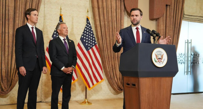 jd Vice President JD Vance, right, speaks during a news conference after meeting with representatives from Pakistan and Iran as Jared Kushner, left, and Steve Witkoff, Special Envoy for Peace Missions listen, on April 12, 2026, in Islamabad, Pakistan