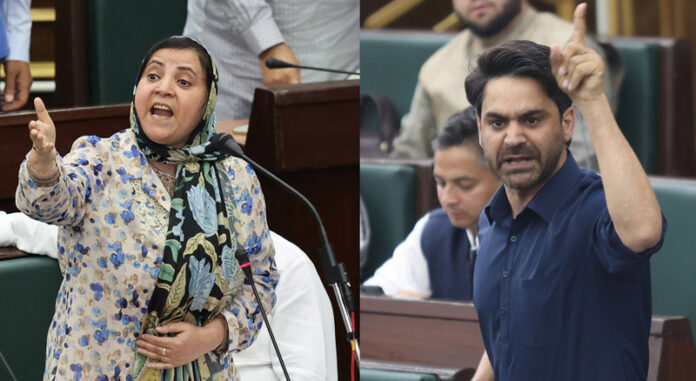 Minister Sakeena Itoo and PDP MLA Waheed -Ur-Rehman Parra during heated exchanges in the Assembly on Saturday. -Excelsior/Rakesh