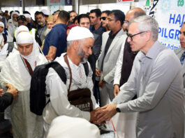 CM Omar Abdullah sees off first batch of Hajj pilgrims in Srinagar on Saturday.