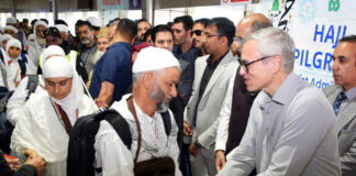 CM Omar Abdullah sees off first batch of Hajj pilgrims in Srinagar on Saturday.