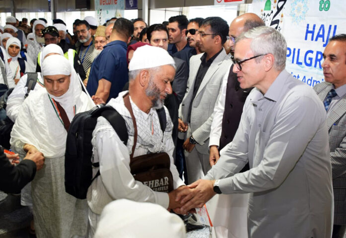 CM Omar Abdullah sees off first batch of Hajj pilgrims in Srinagar on Saturday.