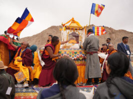 In a grand procession, the holy relics of Buddha being taken from Leh Airport to Jivetsal on Wednesday.