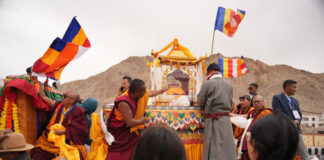 In a grand procession, the holy relics of Buddha being taken from Leh Airport to Jivetsal on Wednesday.