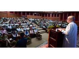 CM Omar Abdullah addressing the gathering in a function at Jammu on Monday.